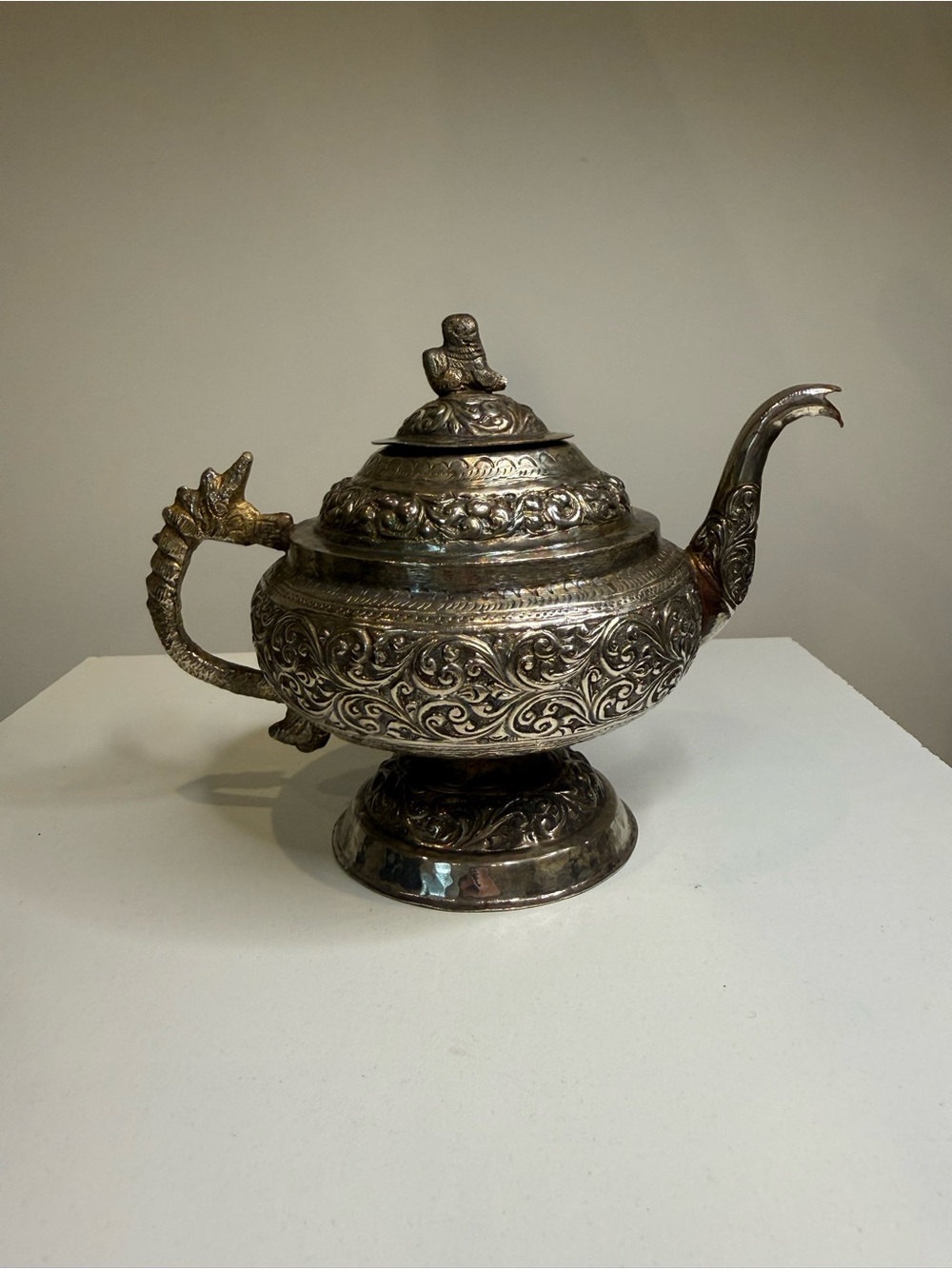 Vintage Tibetan Silver Dragon Teapot Ornate Asian Repousse Flagon Tea Pot